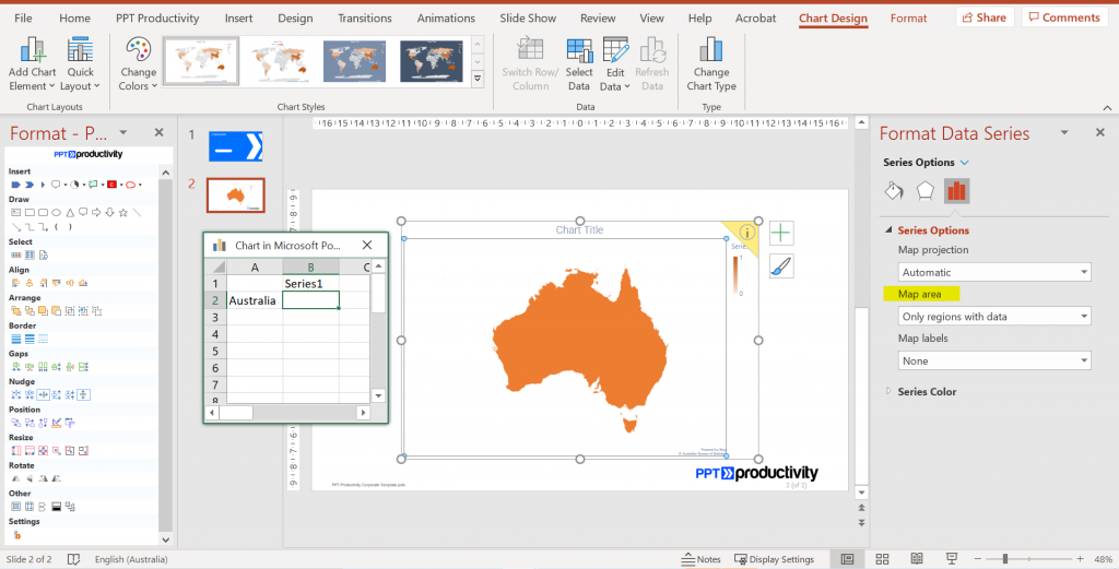 PowerPoint 地图图表中选择了澳大利亚的图像