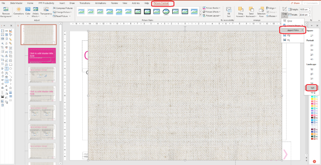 Captura de pantalla de cómo agregar una imagen al fondo del patrón de diapositivas de PowerPoint