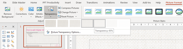 Captura de pantalla de cómo cambiar la transparencia de una imagen en el fondo del patrón de diapositivas de PowerPoint