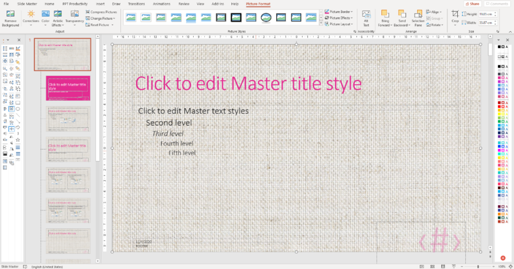 Captura de pantalla de cómo agregar una imagen al fondo del patrón de diapositivas de PowerPoint para todos los diseños de diapositivas