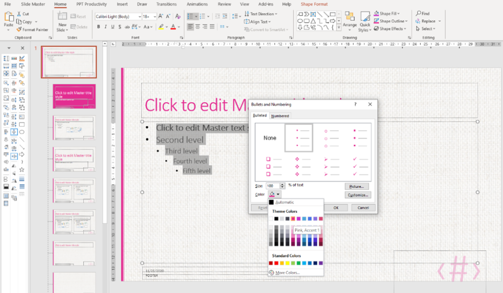 Captura de pantalla de cómo cambiar los colores de las viñetas en la plantilla de PowerPoint del patrón de diapositivas