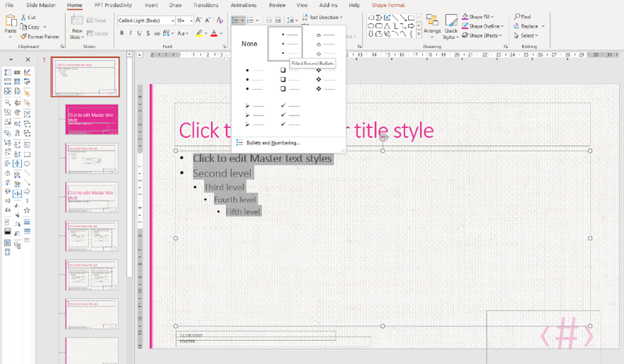 Captura de pantalla de cómo cambiar las viñetas en la plantilla de PowerPoint del patrón de diapositivas