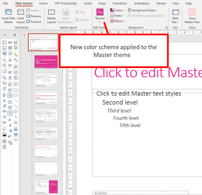 Captura de pantalla del nuevo esquema de color aplicado al tema maestro en PowerPoint