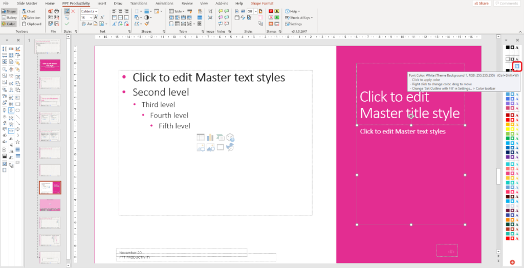 Captura de pantalla de cómo ocultar la imagen de fondo en el diseño de la diapositiva ajustar marcadores de posición de texto en PowerPoint