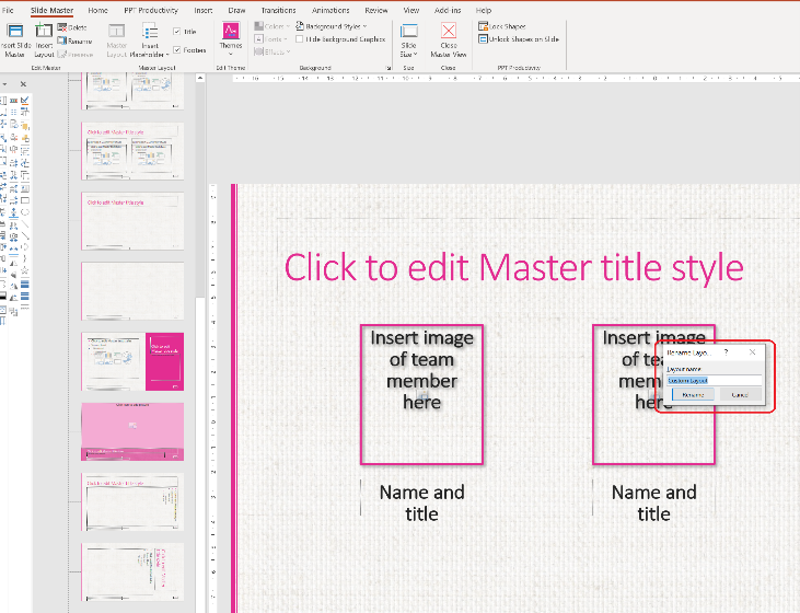 Captura de tela do PowerPoint como renomear layout de slide filho?