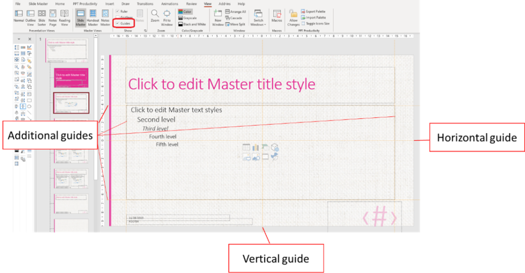 Captura de pantalla de cómo ajustar las líneas de guías de diapositivas en PowerPoint en el patrón de diapositivas