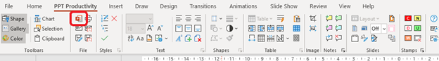 Screenshot of Powerpoint plugin PPT Productivity toolbar highlight how to pin template to make default