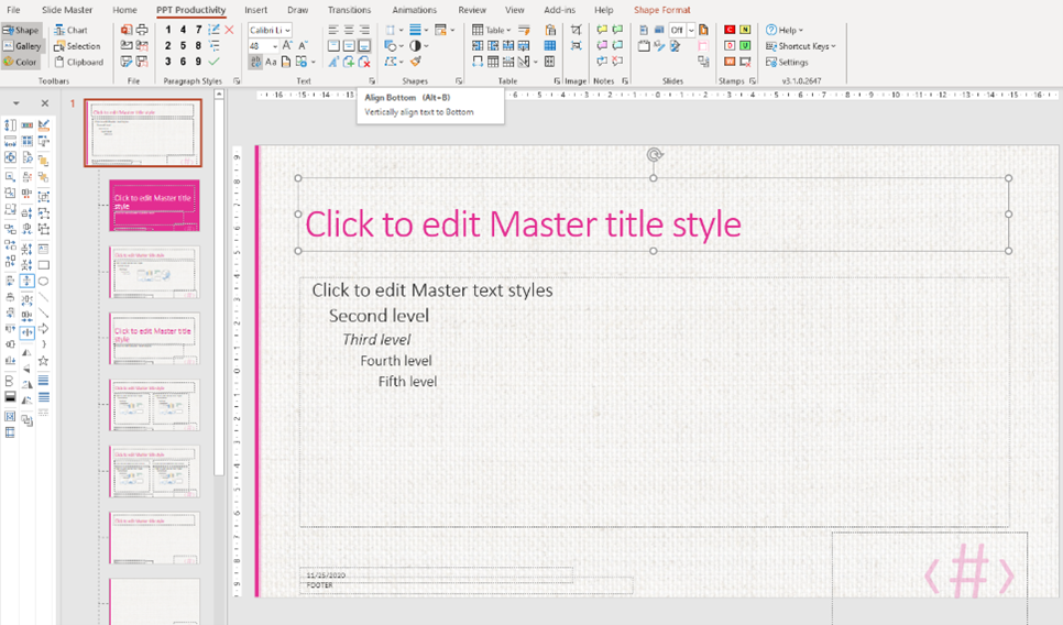 Captura de pantalla de cómo formatear títulos de diapositivas en la plantilla de PowerPoint cambiar posición y alineación del texto