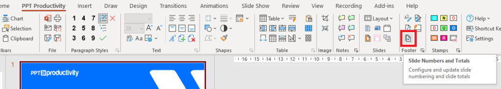 PPT Productivity 插件在 PPT Productivity 选项卡上的 PowerPoint 幻灯片编号和幻灯片总数按钮的截图
