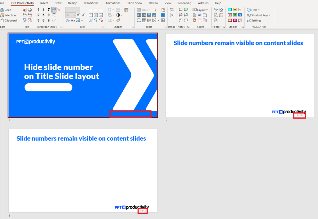 显示 PowerPoint 中标题幻灯片上移除幻灯片编号但仍在内容幻灯片上的截图