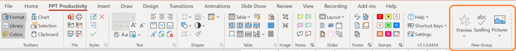 自定义以将功能添加到选项卡后 PowerPoint 功能区上 PPT Productivity 选项卡的截图