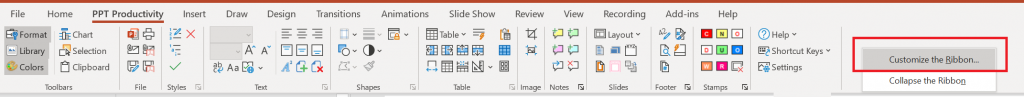 PowerPoint 功能区上 PPT Productivity 选项卡的截图，显示自定义功能区右键菜单