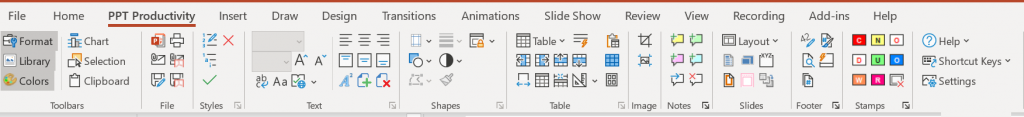 PowerPoint 功能区上 PPT Productivity 选项卡的截图