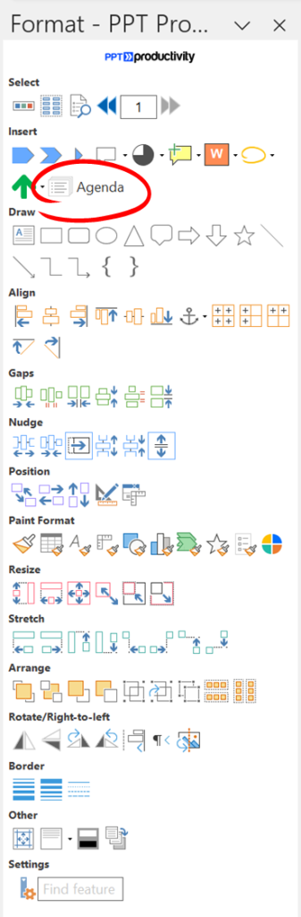 لقطة شاشة لشريط أدوات التنسيق في إضافة PowerPoint من PPT Productivity، مع زر معالج جدول الأعمال محاط بدائرة باللون الأحمر