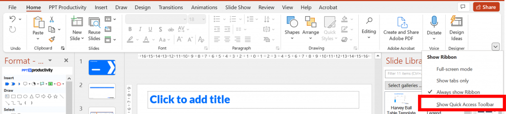 لقطة شاشة لشريط أدوات الوصول السريع في PowerPoint توضح كيفية استعادة QAT إذا كنت قد أخفيته سابقًا