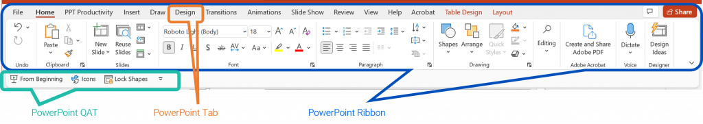PowerPoint 功能区截图，选项卡，选择了设计选项卡并显示了 PowerPoint QAT