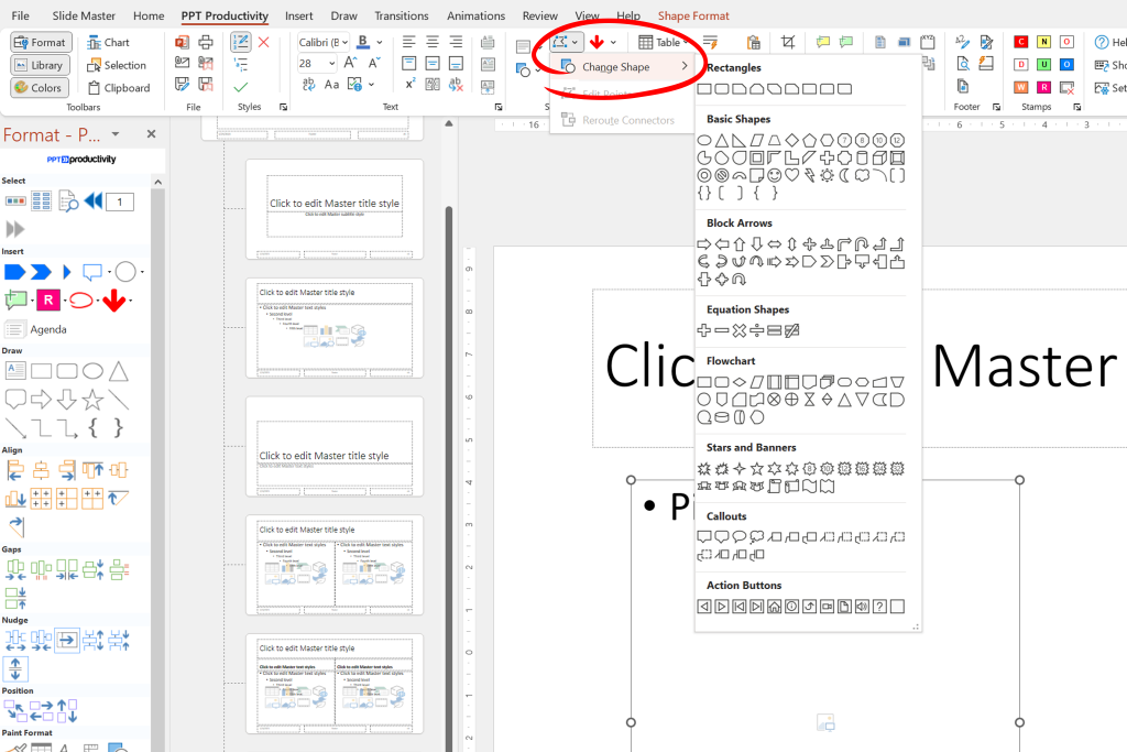 Bild des PowerPoint-Bildschirms, das zeigt, wie man die Form eines Platzhalters im PowerPoint-Folienlayout ändert, Schritt 2