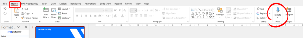 Hoe dia's dicteren in PowerPoint met Microsoft 365 Dictate. Afbeelding van dicteerfunctie voor PowerPoint