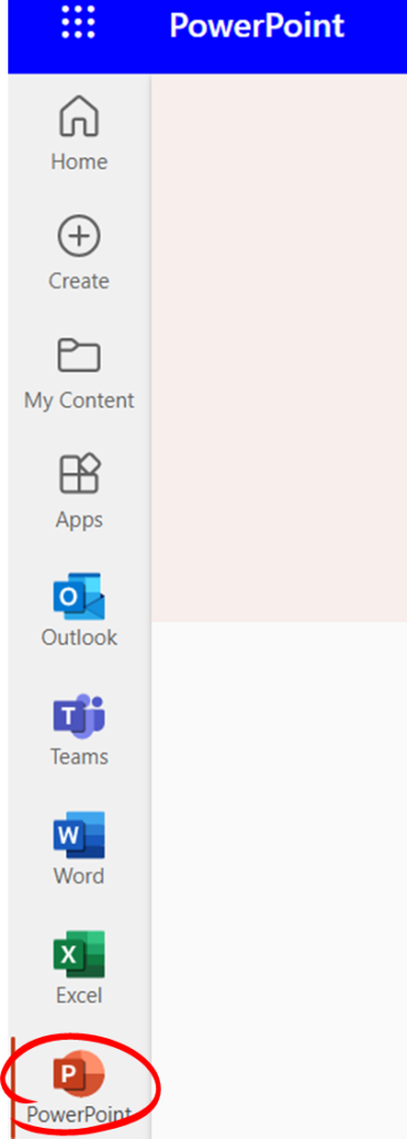 Schermafbeelding die laat zien hoe je PowerPoint kunt vinden in Microsoft Office 365 online