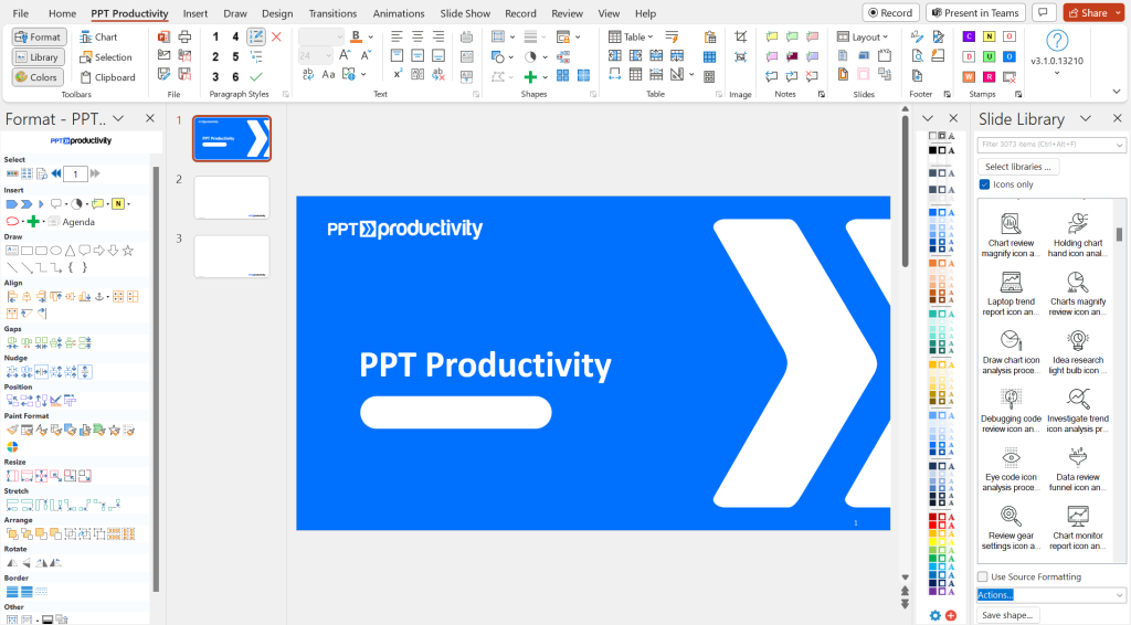 安装 PPT Productivity PowerPoint 插件后 Microsoft PowerPoint 的外观截图