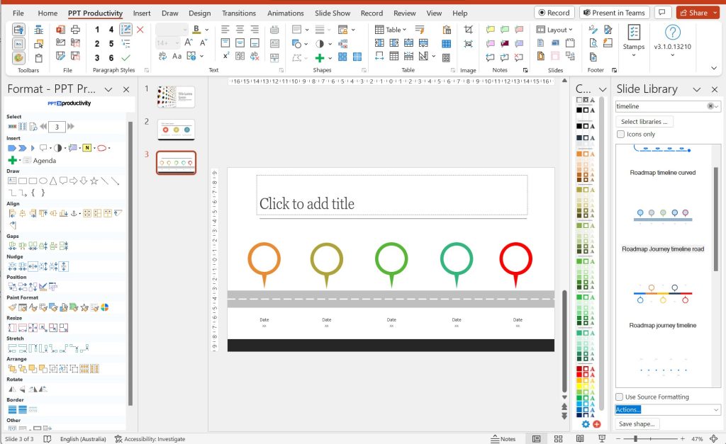 لقطة شاشة تعرض مثالًا على قالب الخط الزمني في PowerPoint بتصميم خريطة زمنية