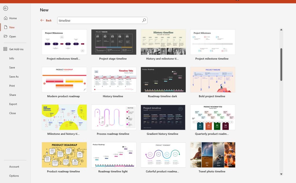 لقطة شاشة لـ Microsoft 365 PowerPoint تعرض قسم القوالب وكيفية البحث عن قوالب الخط الزمني