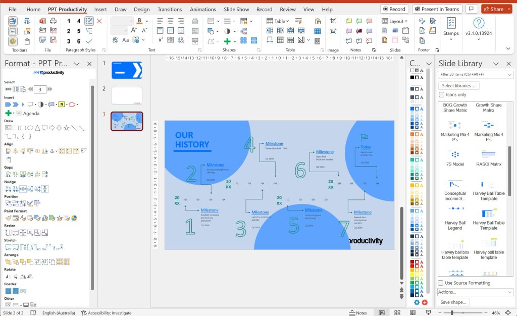 مثال على قالب الخط الزمني في Microsoft 365 PowerPoint تم لصقه في قالب PowerPoint آخر وتم إعادة تلوينه تلقائيًا