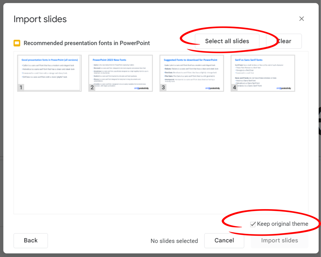 Google 幻灯片中如何从 PowerPoint 导入幻灯片选择所有幻灯片选项的截图