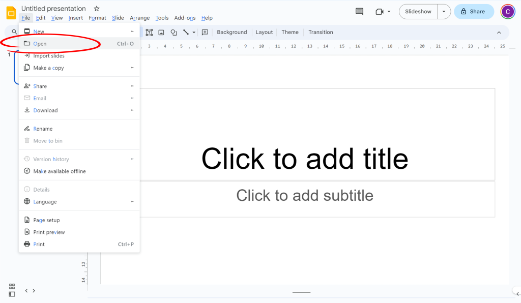 显示如何在 Google 幻灯片中打开 PowerPoint 的截图
