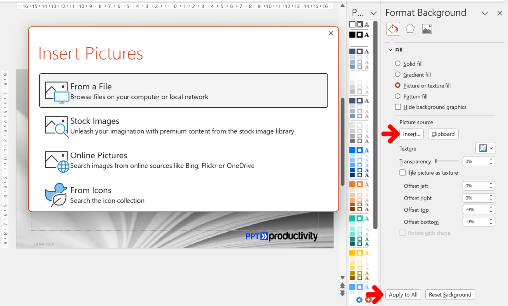 PowerPoint วิธีการแก้ไขกราฟิกพื้นหลัง - แทรกรูปภาพและใช้กับตัวเลือกทั้งหมด ภาพหน้าจอ