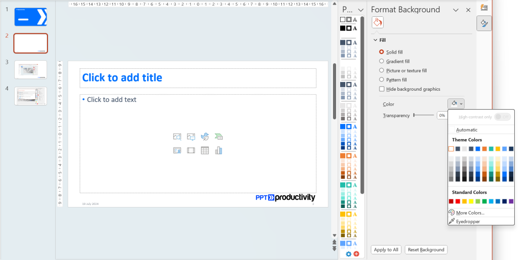 ภาพหน้าจอของ Microsoft PowerPoint แสดงตัวเลือกเมนูสำหรับจัดรูปแบบพื้นหลัง วิธีการเลือกสีพื้นหลังแบบเติมทึบ