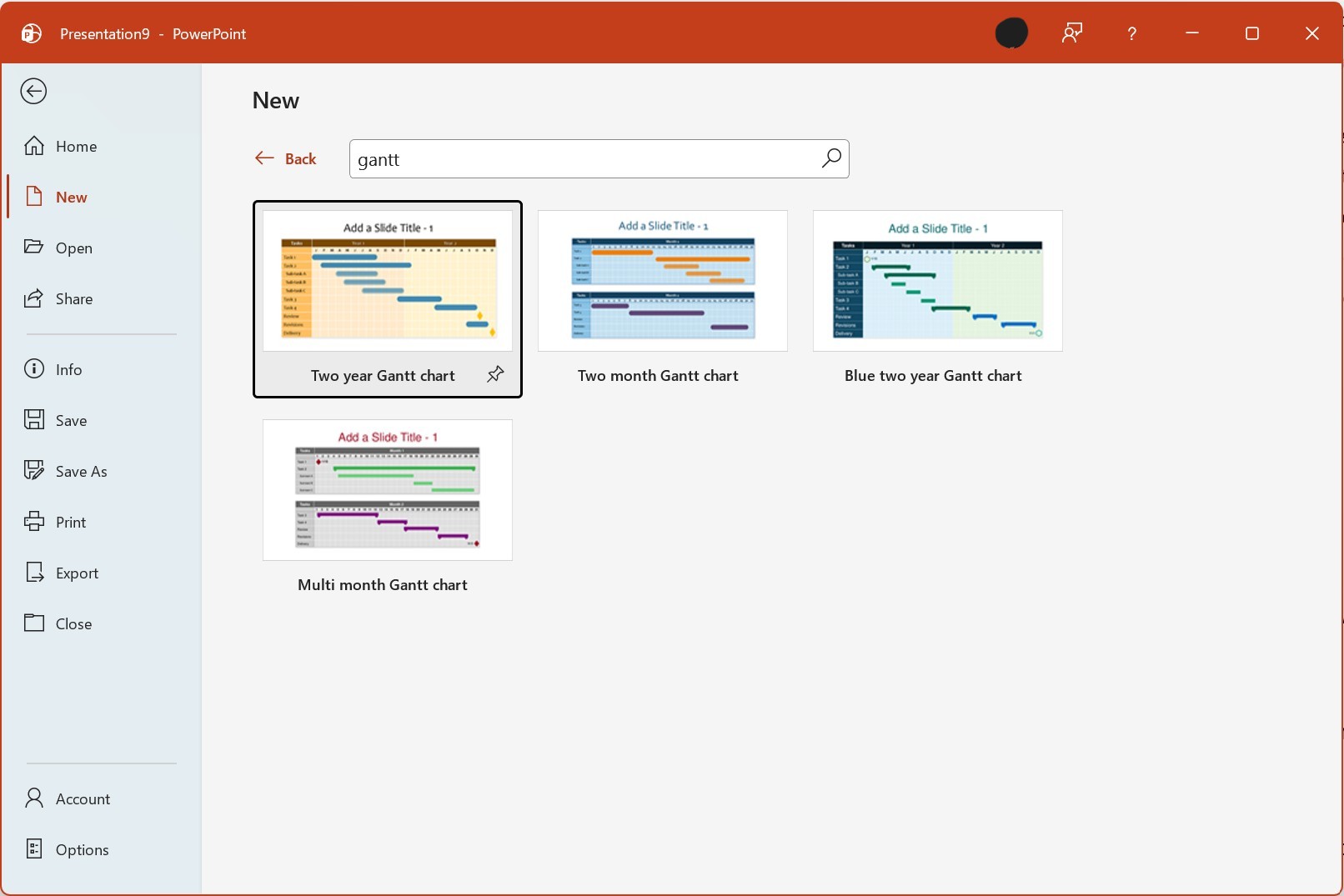 Skærmbillede af Microsoft Office Gantt-diagram skabelonmuligheder i PowerPoint med en To-års Gantt-diagram skabelon valgt
