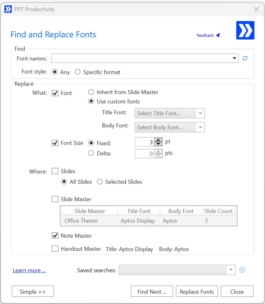 Screenshot of PPT Productivity add-in for PowerPoint Find and Replace fonts advanced mode popup window