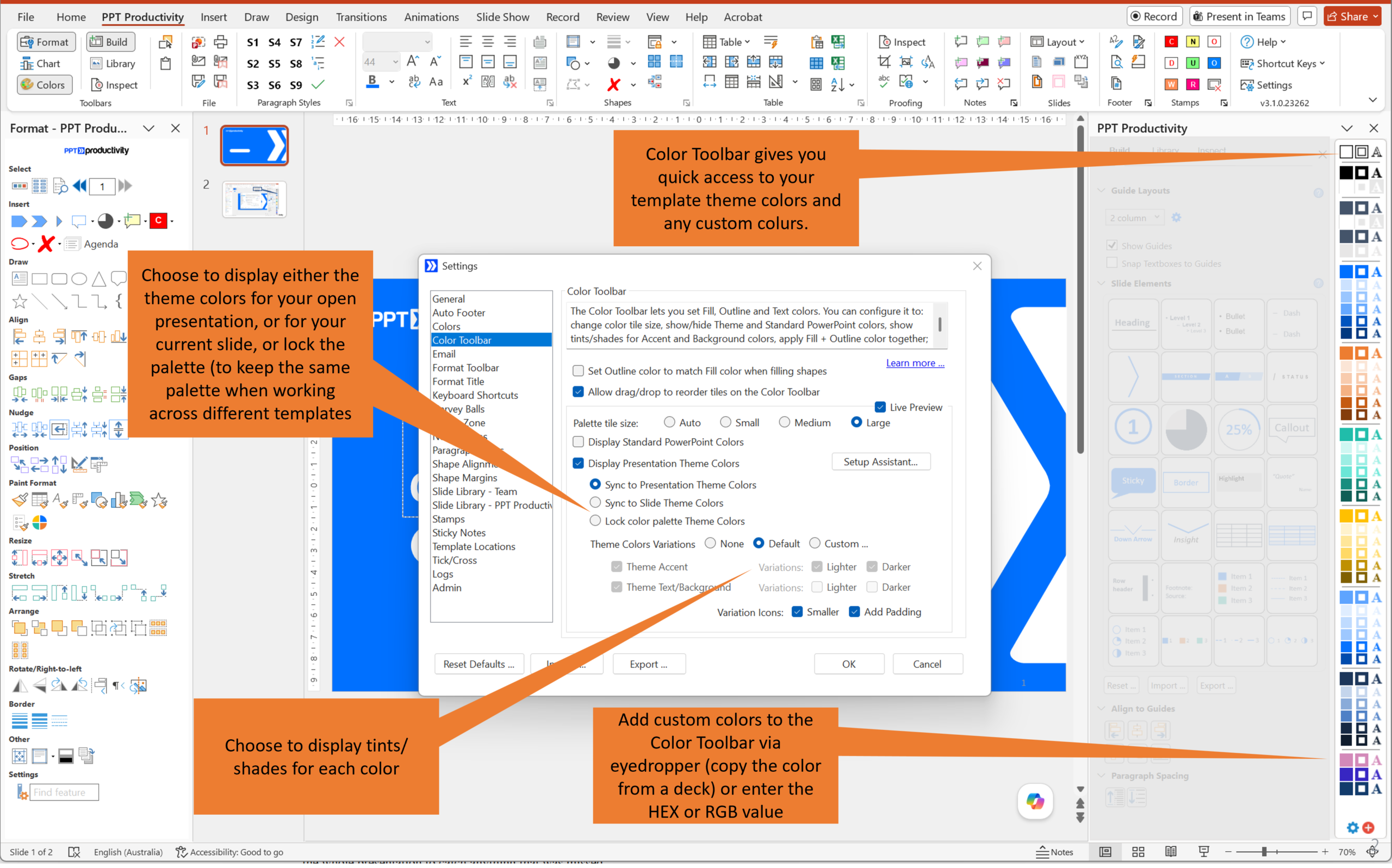 Screenshot of PowerPoint with PPT Productivity add-in, showing the Color Toolbar overview