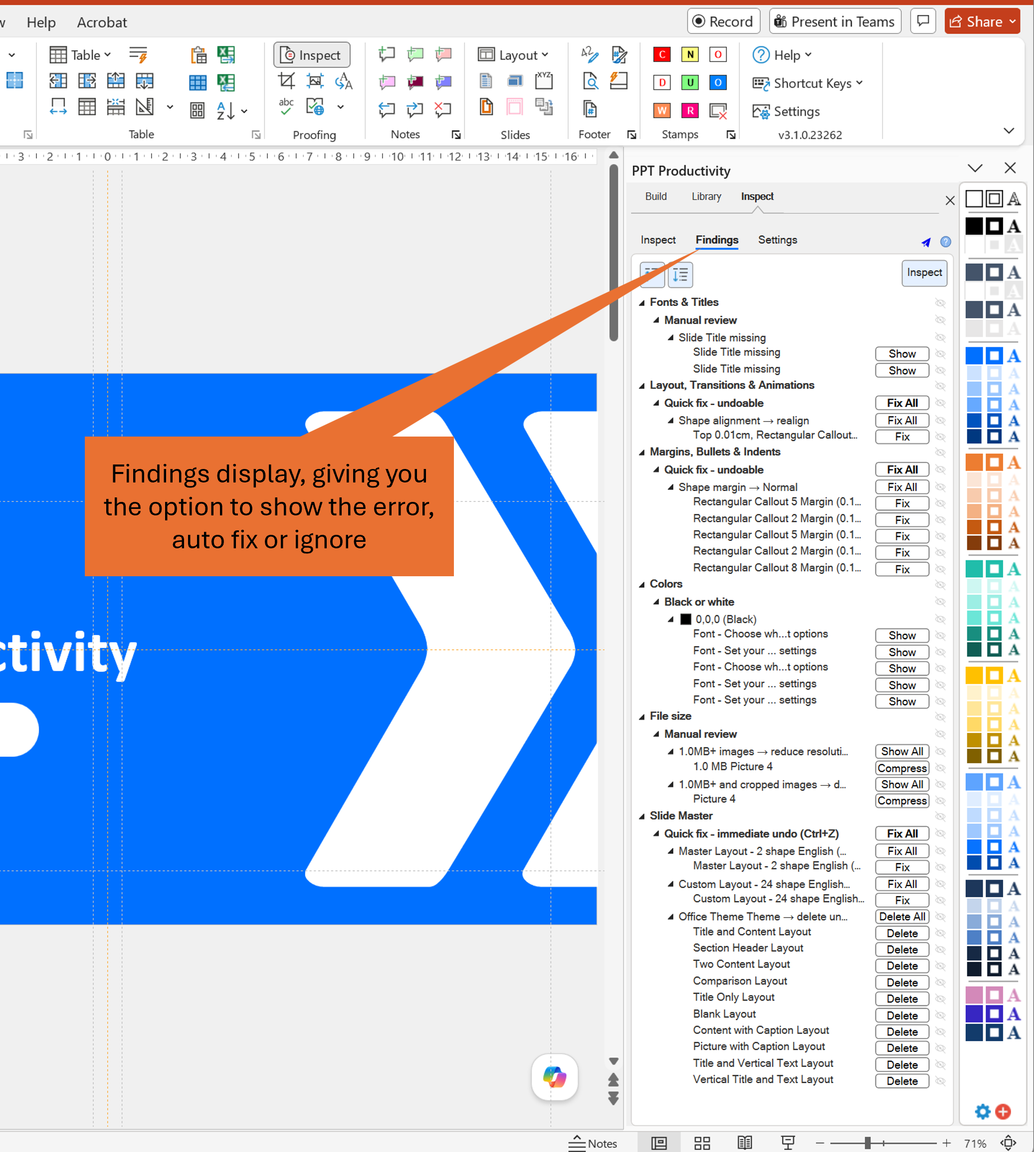 Screenshot of PowerPoint with PPT Productivity add-in, showing the Proofing Tools findings toolbar