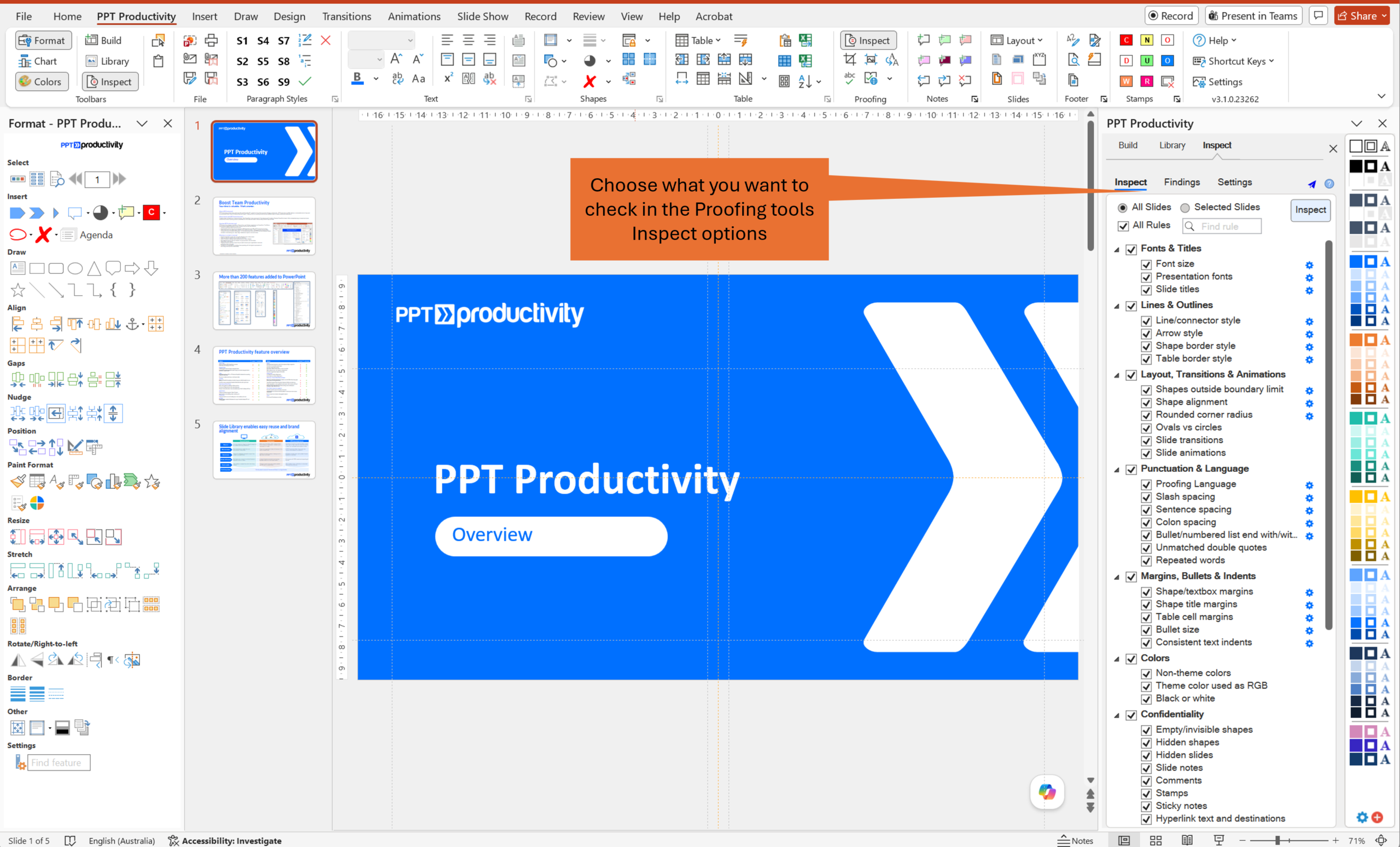 Screenshot of PowerPoint with PPT Productivity add-in, showing the Proofing Tools inspect options in the toolbar