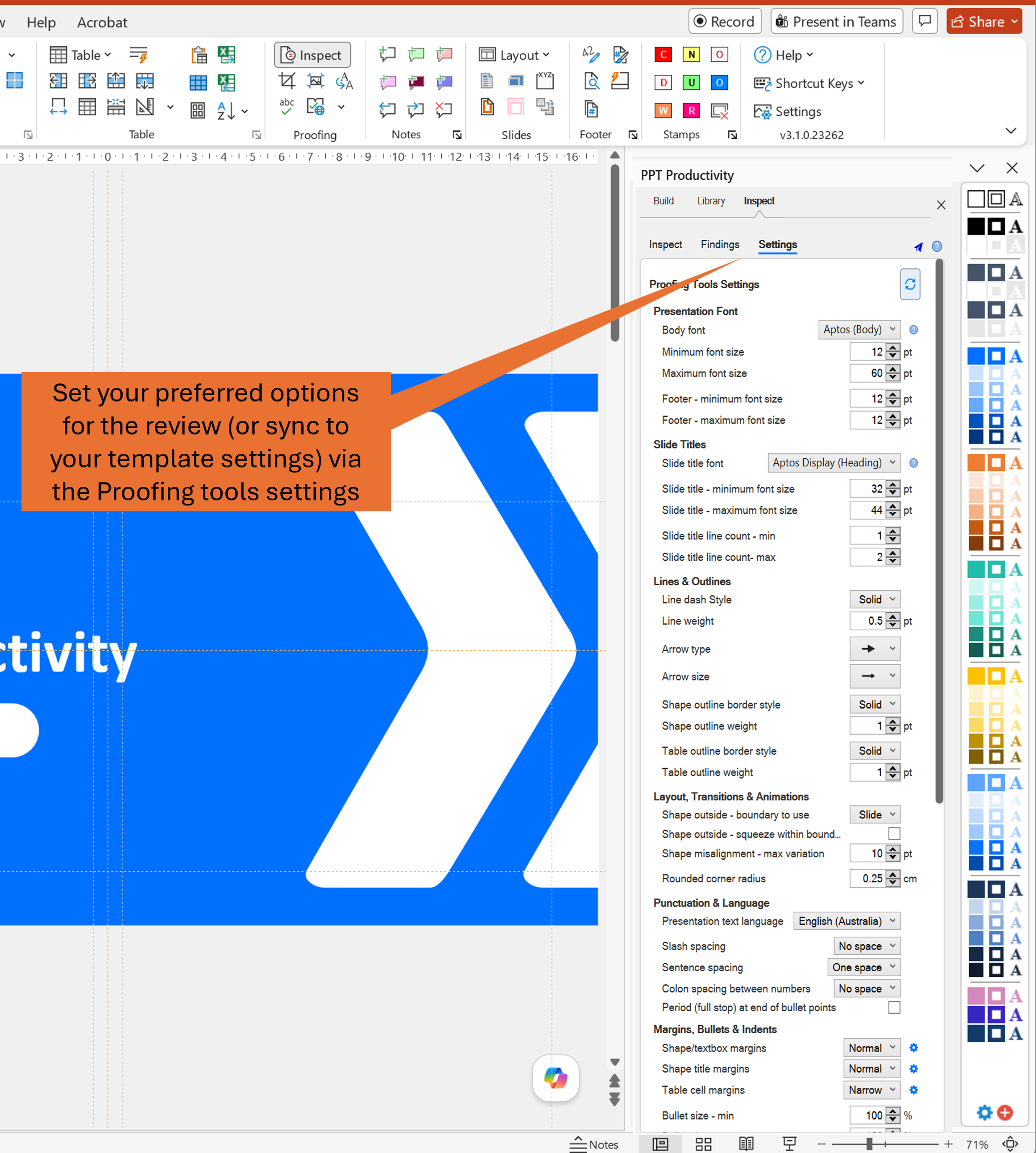 Screenshot of PowerPoint with PPT Productivity add-in, showing the Proofing Tools settings toolbar