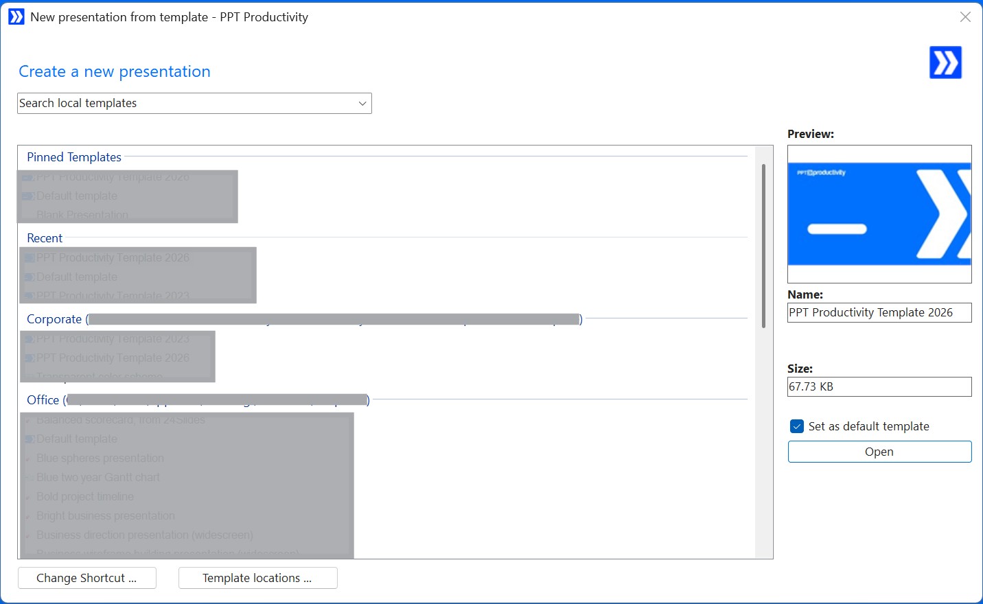 Screenshot of PPT Productivity PowerPoint add-in, Template finder popup window