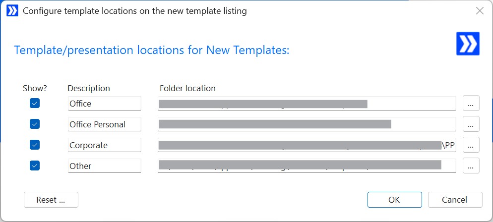 Screenshot of PPT Productivity PowerPoint add-in, set Template locations popup window