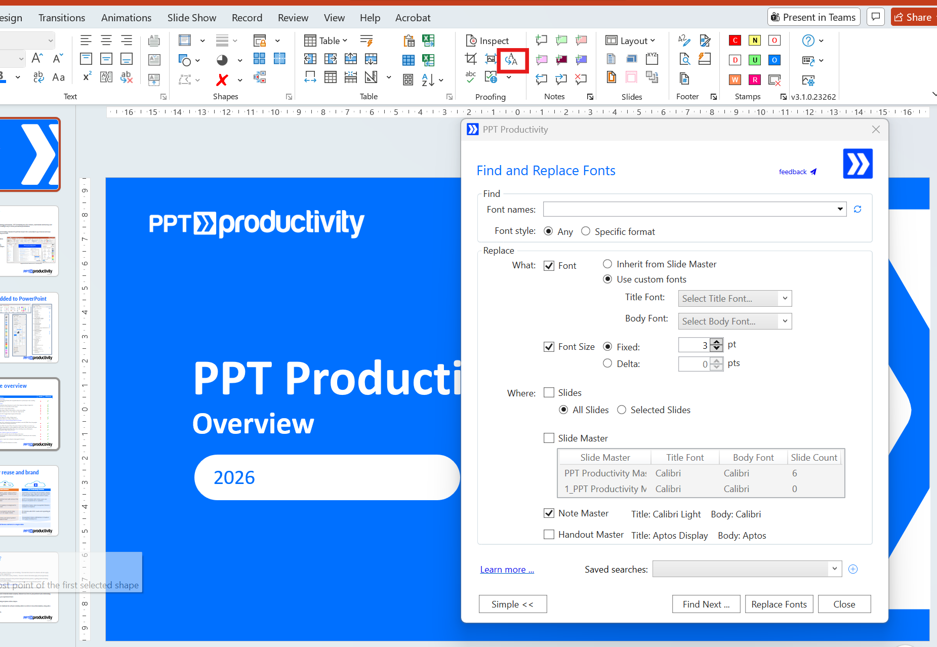Screenshot of PowerPoint showing PPT Productivity Find Replace Fonts feature 
