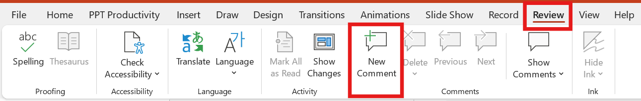 screenshot showing how to add new comment in powerpoint from Review tab