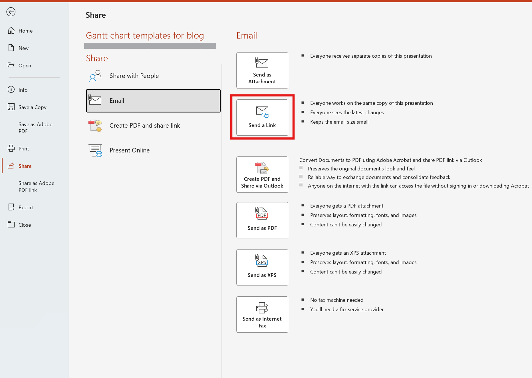 screenshot showing how to share PowerPoint for review email link option
